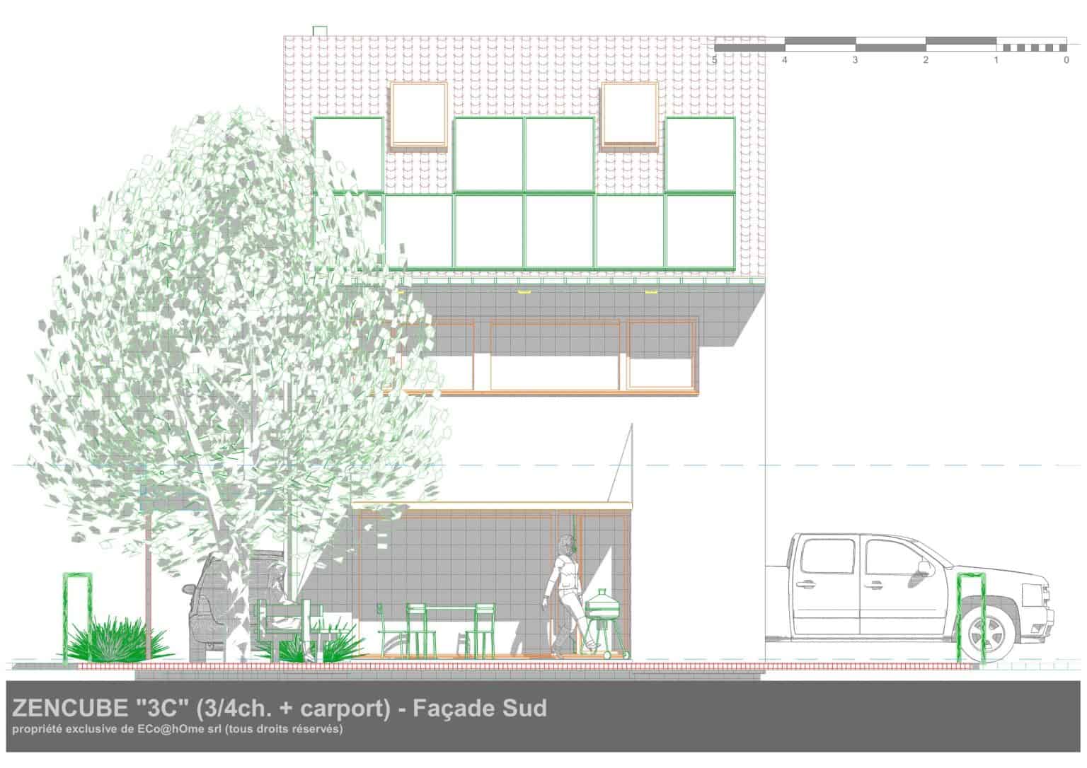 Plan d’architecte d’une maison unifamiliale q-zen contemporaine avec panneaux photovoltaïques