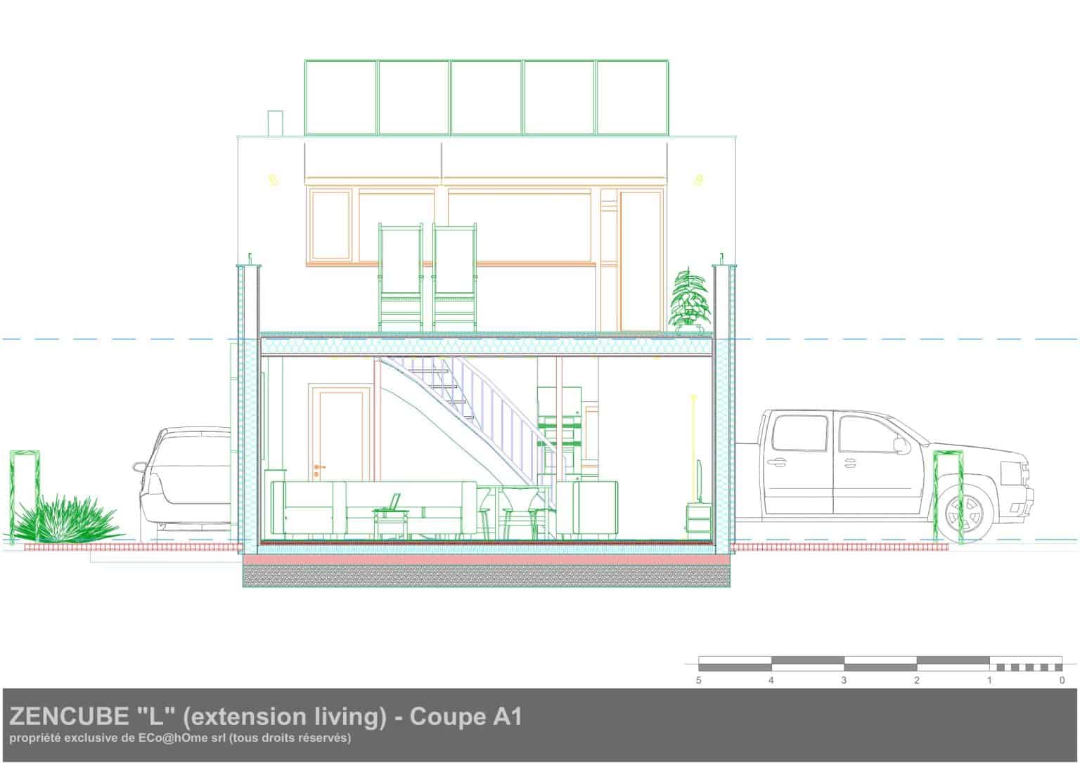 Plan d’architecte d’une maison unifamiliale q-zen contemporaine avec panneaux photovoltaïques