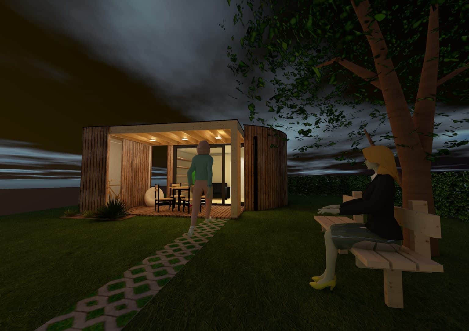 Tiny house ZenCube clé-sur-porte bardage bois vue de nuit