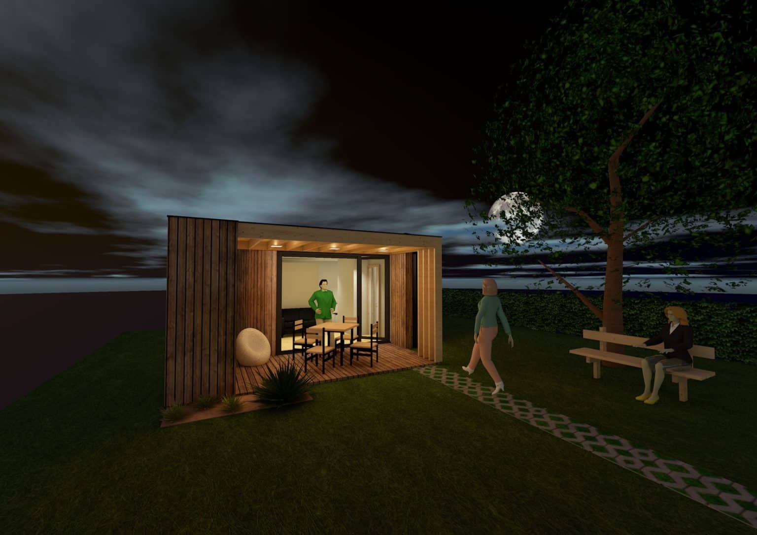 Tiny house ZenCube clé-sur-porte bardage bois vue de nuit